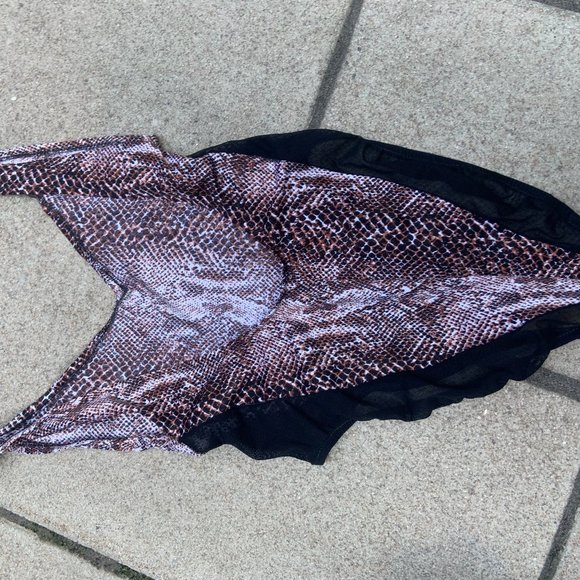 Vintage brown Snakeskin and Black Mesh One-Piece bathing suit Open Back swim - Picture 2 of 3